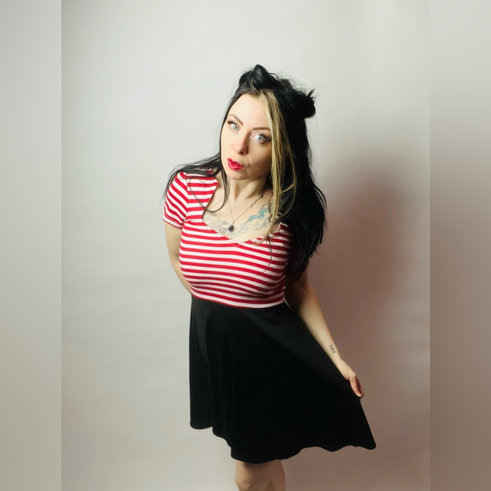 RockSteady Red & White Striped Bodice with Black Skirt Mini Dress